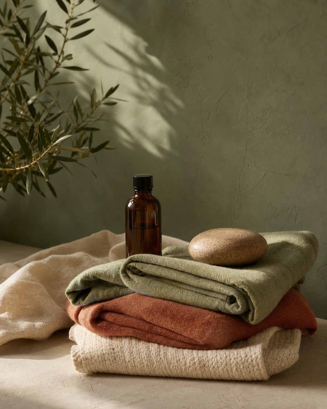 Massage oils, natural linen and a warm stone in a calm studio